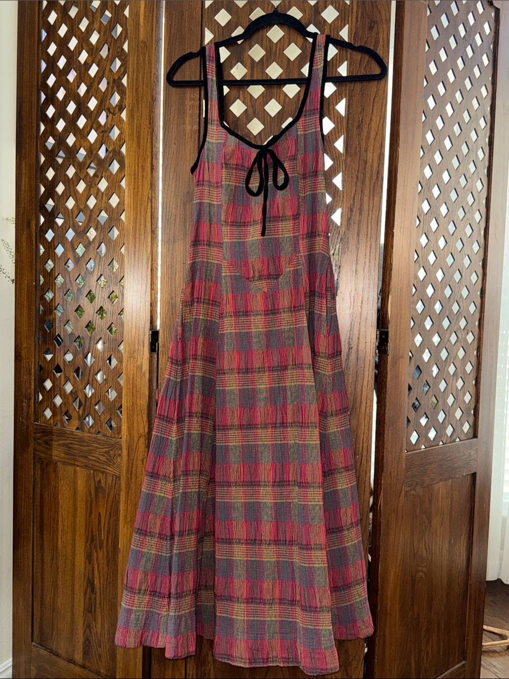 NWT Free People Red Multi Plaid Sleeveless Maxi Dress with Tie